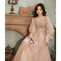 Hot sale new evening dress women's long skirt new host temperament banquet temperament long-sleeved pink dress fashion