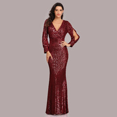 European and American women's dress multi-color large size long-sleeved V-neck sequined mermaid evening dress