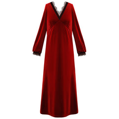 ملابس نوم نسائية بأكمام طويلة من المخمل فستان نوم خريفي وشتوي دافئ عتيق ذهبي مخملي قمصان نوم برقبة على شكل حرف v من الدانتيل بيجامات نوم