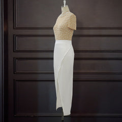 فستان سهرة نسائي على الموضة الأوروبية والأمريكية بنمط مثير وخياطة متباينة اللون شفاف من التول مطرز مفتوح دبوس شعر برقبة دائرية وأكمام قصيرة للنساء