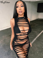 Hugcitar الصلبة الجوف خارج انظر من خلال أكمام كاشفة فستان ماكسي مثير Bodycon 2022 الصيف ملابس النساء الموضة بحر