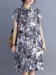 ZANZEA ladies Japanese and Korean literature and art print style ladies shirt skirt collar short-sleeved short skirt fashion trend elegant knee-length skirt spring and autumn daily leisure vacation style long dress in large size