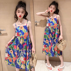 فستان بناتي 2023 موضة جديدة للأطفال تنورة بحمالات فستان صيفي للأطفال متوسط وكبير تنورة بناتي عصرية مُزينة بالزهور