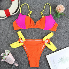 Explosive Ladies Swimsuit Bikini Solid Color Stitching Ribbon Bikini Swimsuit Split