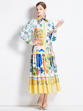 1201  shot spot autumn and winter new retro cotton and linen lapel lantern sleeve printed dress long skirt