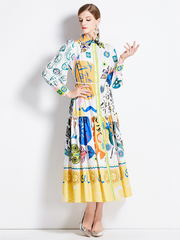 1201  shot spot autumn and winter new retro cotton and linen lapel lantern sleeve printed dress long skirt