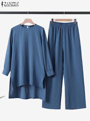 ZANZEA Women Solid Sets O-Neck Long Sleeve Blouses Ankle Length Bottoms Casual Loose Fashion Suits Ladies Daily Blouses+Trousers Plus Size