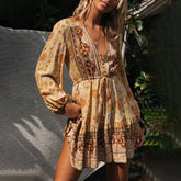 Women Boho Style Floral Printed Mini Dresses Chic V Neck Lantern Long Sleeve A Line Dresses Female Party Dress Vestidos