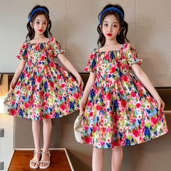 Girls summer floral dress 2023 new medium and large children's Korean version of foreign style summer girl dress trend