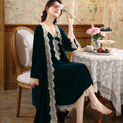 Women Two Pieces Gold Velvet Night Dress Autumn Winter Warm Velour Robe Sets Nightwear Vintage Nightgowns Sleepwear pajamas Homewear