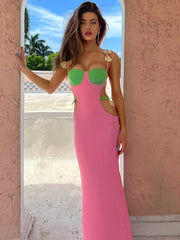 Mozision Elegant Patchwork Hollow Out Maxi Dress For Women Robe Fashion New Sleeveless Backless Bodycon Party Long Dress Vestido