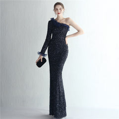 حار بيع اليدوية الترتر الغزل الحرفية السيدات مأدبة مزاجه كتف واحد طويلة الأكمام طويلة الترتر هالة الملكة ذيل السمكة