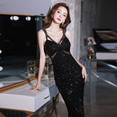 Sexy evening dress sequins black suspenders design sense fishtail temperament banquet host dignified atmosphere dress
