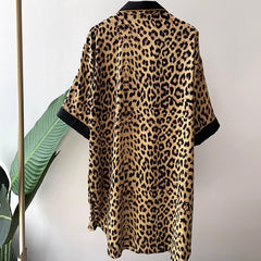 Women's Sexy Leopard Print Pajamas Shirt Collar Short Sleeve Homewear Simulated Silk Nightdress
