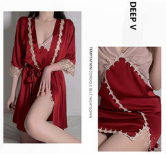 Women's Sexy Lingerie Nightdress Thong Set Summer Thin Ice Satin Chiffon Lace Slip Dress Female Deep V Nightgown Sleepwear