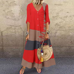 بوهو طباعة فساتين النساء الصيف عادية ريترو فضفاض قصير الأكمام فستان عطلة حفلة أنيقة الخامس الرقبة زر فستان الشمس