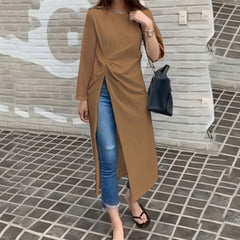 ZANZEA women's Japanese and Korean literary style temperament solid color ladies skirt round neck long sleeves twisted irregular long design mid-length skirt fashion trend elegant loose spring and autumn daily leisure holiday style dress large size