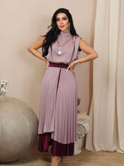 Red Satin Elegant Panel Pleated Waist Dress