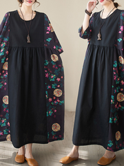 Large size women's clothing 2023 new ramie linen stitching dress retro loose robe 100-280 catties