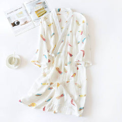 Summer Dressing Gown Women Bathrobe Women Robe Femme Women's Lady Gauze Cotton Print Sleepwear Satin Nightwear Lingerie