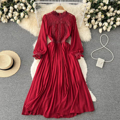French temperament waist slimming knee-length long skirt pleated skirt French retro big long skirt round neck dress