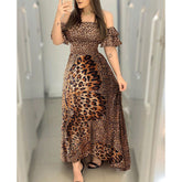 European and American women's butterfly print dress, leopard print, one-shoulder corset, big put on evening gown, lotus leaf sleeve long skirt