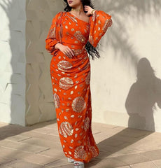 فستان نسائي من أوروبا وأمريكا مثير مطبوع من الشيفون الذهبي