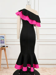 Women's Bodycon Mermaid Dress Bare Shoulder Ruffles Black Contrast Color Midi Dresses Elegant African Party Birthday Event Gowns