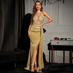 Sequined Deep V Halter Slit Gathered High Waist Evening Dress with Hip Dress