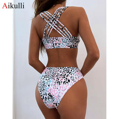 New Waist Women's Leopard Swimsuits Push Up Bikinis Swimwear Cross Bandage Bathing Suit Swim 2021 Summer Female Bikinis Set