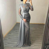 2023 European and American new round neck long-sleeved see-through banquet evening dress slim sequins solid color embroidered floor mopping dress