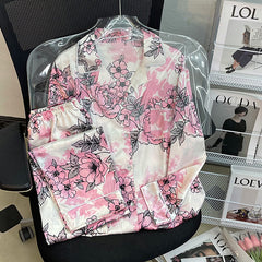 Summer Ladies Comfortable Luxurious Pajamas Long Sleeve Homewear Simulated Silk Suit