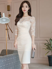Fashion Elegant Women Midi Dress Sexy Lace Sheer O-Neck Long Sleeve Folds Bodycon Skinny Slim Club Lady Robe Femme Mujer Vestido