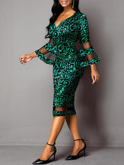 أزياء ملهى ليلي مثير على طراز امرأة ناضجة عميقة على شكل حرف V منخفضة القطع مطبوعة مجوفة غير منتظمة ثلاثة أرباع كم فستان ربيعي على الطراز الأوروبي والأمريكي