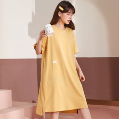 Nightdress women's summer cotton short-sleeved cardigan front button mid-length over-the-knee dress sweet and cute pajamas