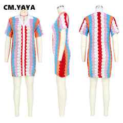 CM.YAYA Women Fashion Knit Crochet Rainbow Striped Bodycon Midi Dress 2023 Summer Vestidos Beach Holiday Short Sleeve Dresses