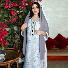 Maxi Dress for Women Arab Dubai Middle East Muslim Ethnic Ribbon V Neck Morocco Caftan White Floral Abaya Autumn 2021