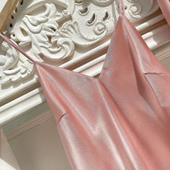 فستان بحمالات للربيع والصيف، فستان حريري مثير متوسط الحجم بدون ظهر، فستان نوم وردي بحمالات بسيط