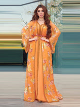 Middle East New Muslim Women Kaftan Chiffon Foil Printing Two Piece Elegant Arabian Cardigan Dress