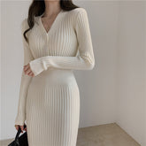 Retro Knitted Sweater Long Sleeve Dress Women's Slim Slim Korean Style Elegant Autumn and Winter Button V-Neck Sweater Midi Women's Dress