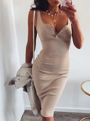 فستان بطول الركبة محبوك مطاطا بلا أكمام Bodycon أنيق المرأة 2022 الصيف مثير الخامس الرقبة زر فساتين الحفلات ضئيلة