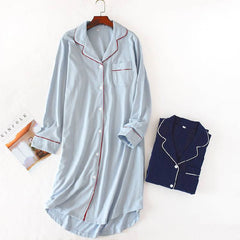 Autumn Long Knit Cotton Sleep Tops Women Cardigan Long Sleeve Nightgowns Solid Lapel Sleepwear Nighty for Ladies Home Clothes