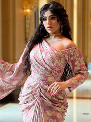 Elegant Gold Print Nipped Waist Chiffon Dress