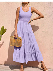 فستان بوهو صيفي موضة بلون واحد بدون أكمام لحفلات الشاطئ فستان ماكسي غير رسمي أنيق فضفاض فستان ماكسي رداء نسائي جديد