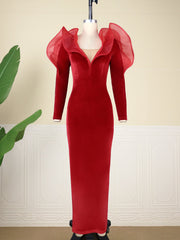 AOMEI Velvet Dress Women Red Christmas Evening Party Deep V Neck Ruffles Long Sleeve High Waist Bodycon Cocktail Event Gowns