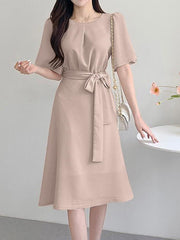 ZANZEA Women Elegant Dresses Solid O-Neck Short Sleeve Mid-Calf Length Dress Fashion Holiday Casual Loose Ladies Vestido Plus Size