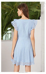 v-neck dress with empty lotus leaf sleeves mid-length waist slim women's