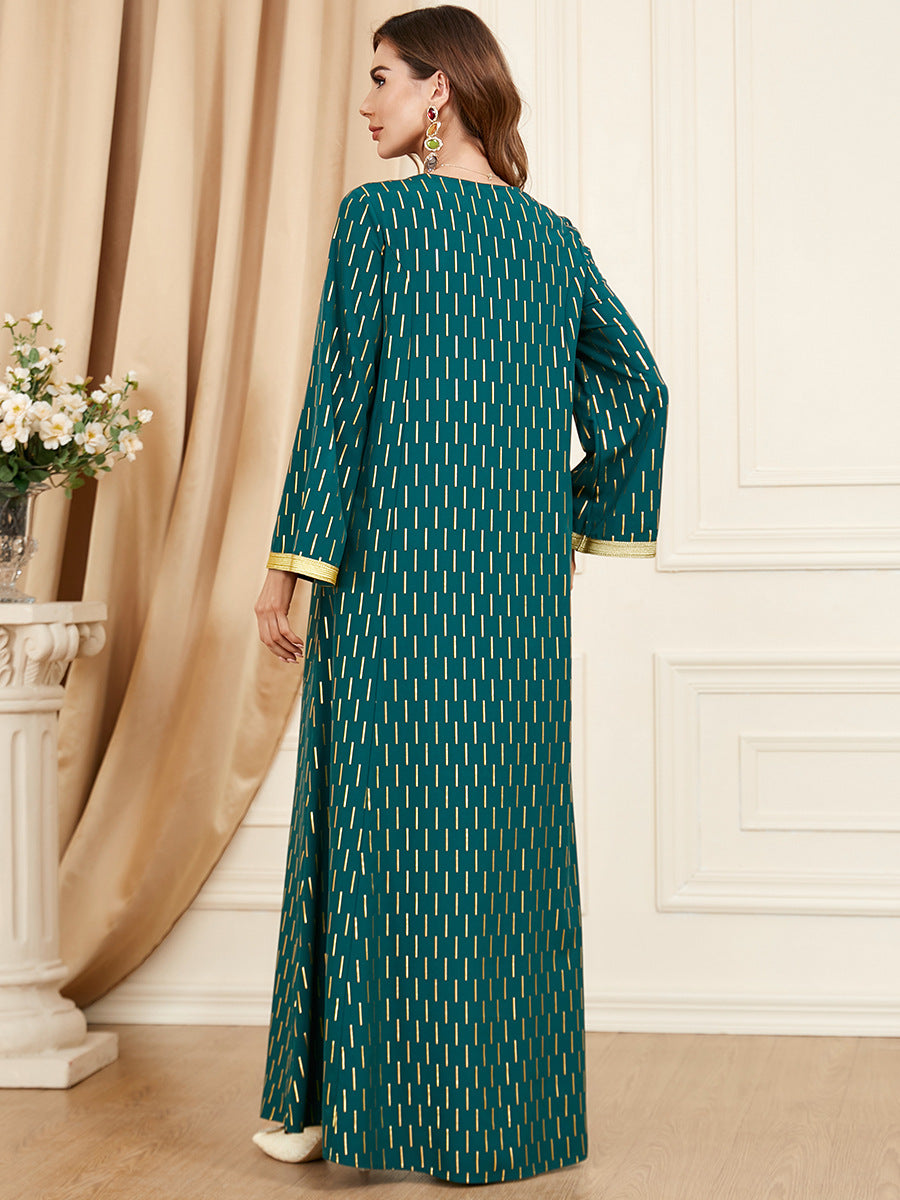 Jalabiya printing Dark green webbing stitching dress