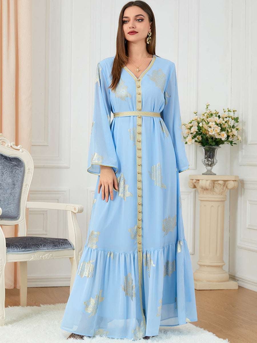 Jalabiya printing Light blue solid color printing dress