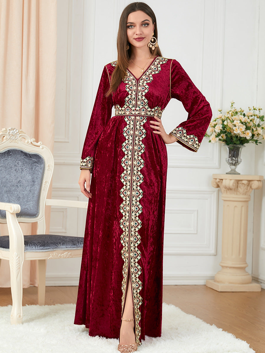 Jalabiya V-neck Long Sleeve Knitted Gold Velvet Dress